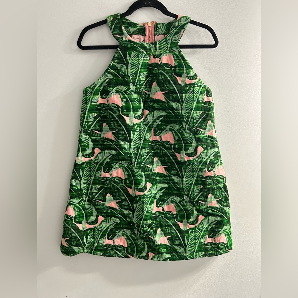 Judith March Green Tropical Palm Print Dress with Pink Accents